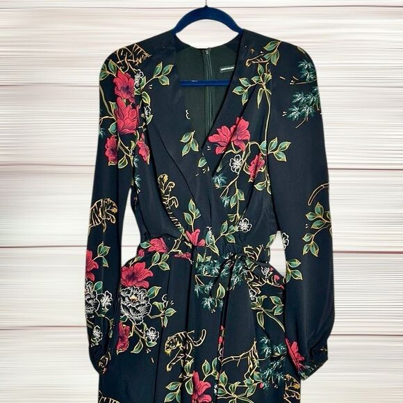 Karen Millen Faux Wrap Jumpsuit Black Tropical Floral Print Long Sleeves US 2 - Picture 6 of 14